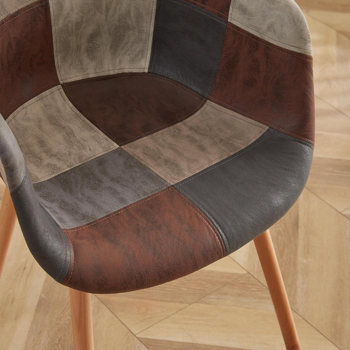 2 Esszimmerstühle Patchwork-Stoff mit Armlehnen, Buchenholz Braun