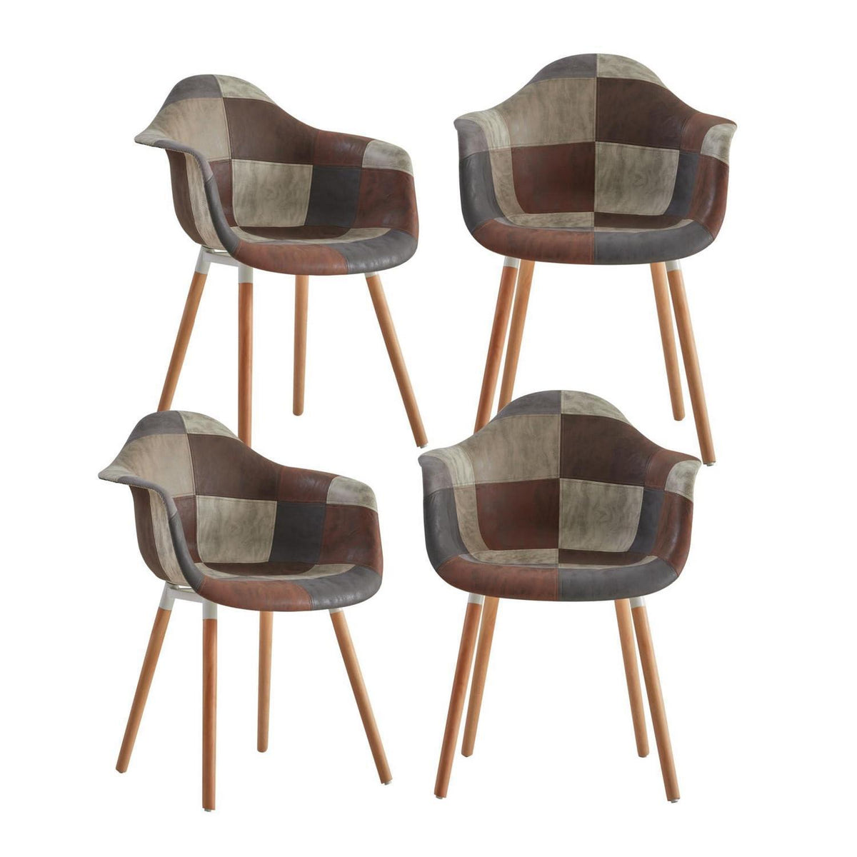 Patchwork Esszimmerstühle mit Armlehnen – 4er Set Braun