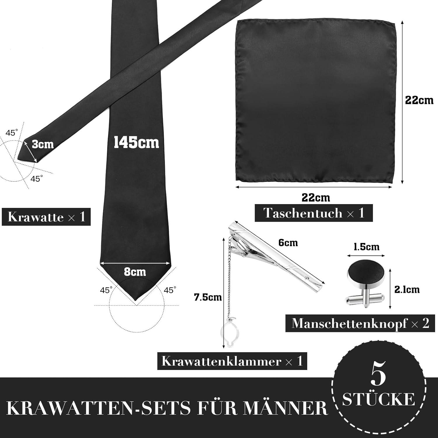 Herren Krawatten Set Schwarz Satin 8cm Hochzeit Party Anzug