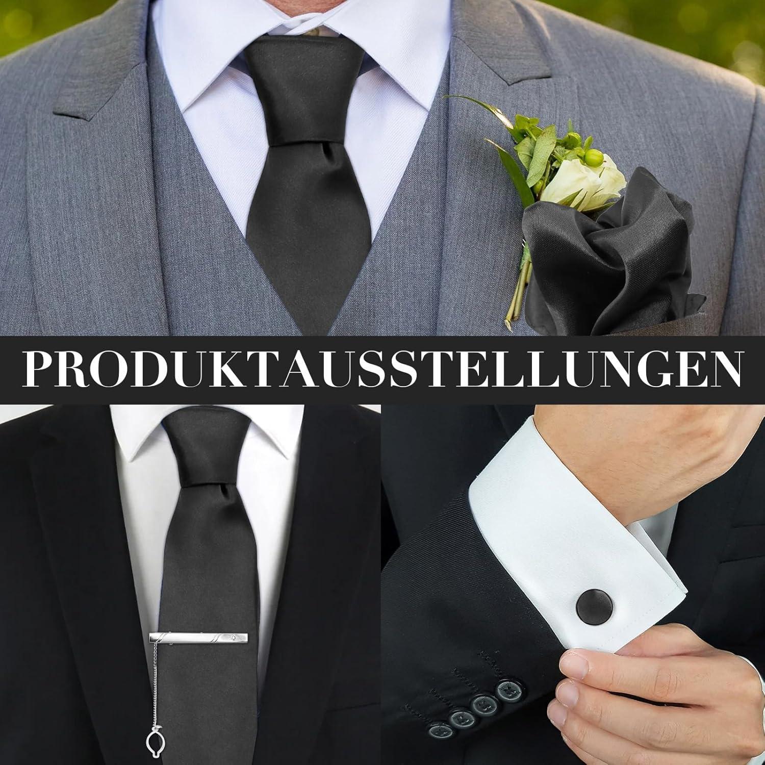 ZOCONE Herren Krawatten Set Schwarz Seide Einstecktuch Manschettenknöpfe