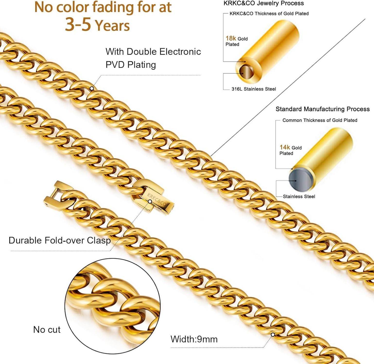 Panzerkette Herren Edelstahl 18K Gold Cuban Link 9mm 50.8cm Goldkette