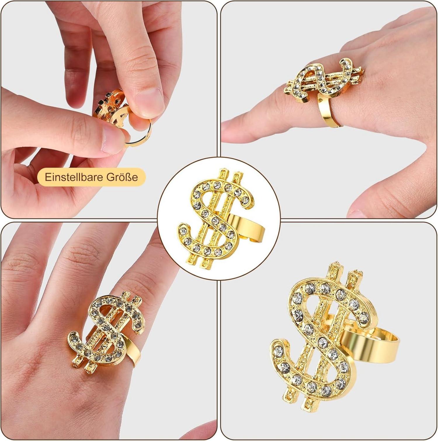 Goldge Zuhälter Kostüm Set mit Dollar Kette, Armband, Ring & Brille