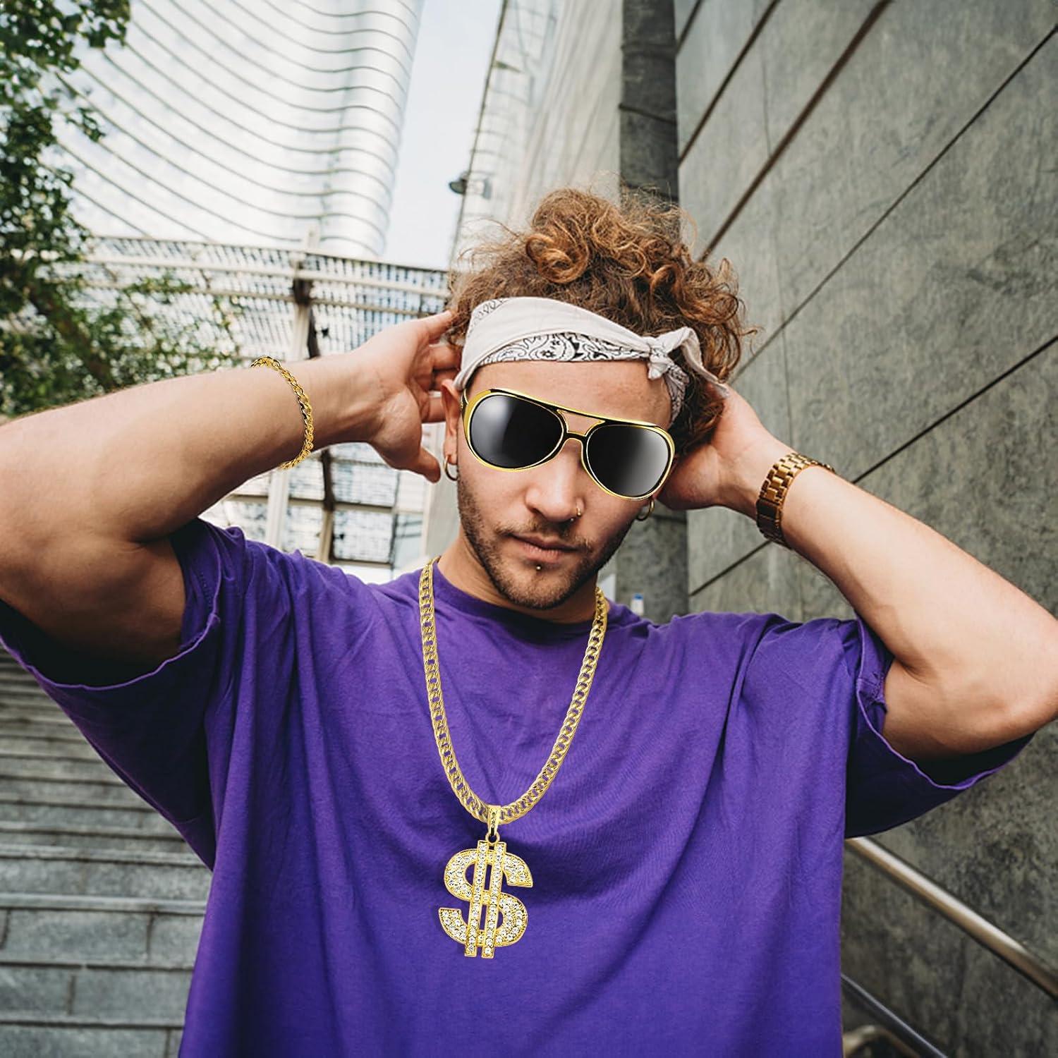 Goldene Dollar Kette Set mit Hip Hop Accessoires für Mottoparty