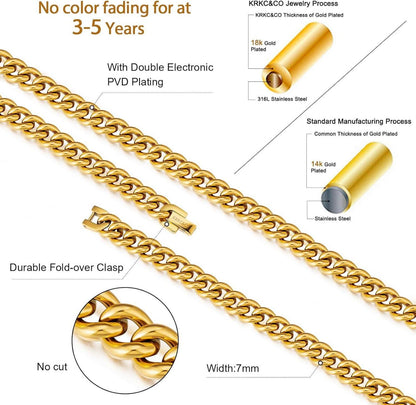 Gold Panzerkette Herren 18K Edelstahl Cuban Link Chain 7mm - 45,7cm