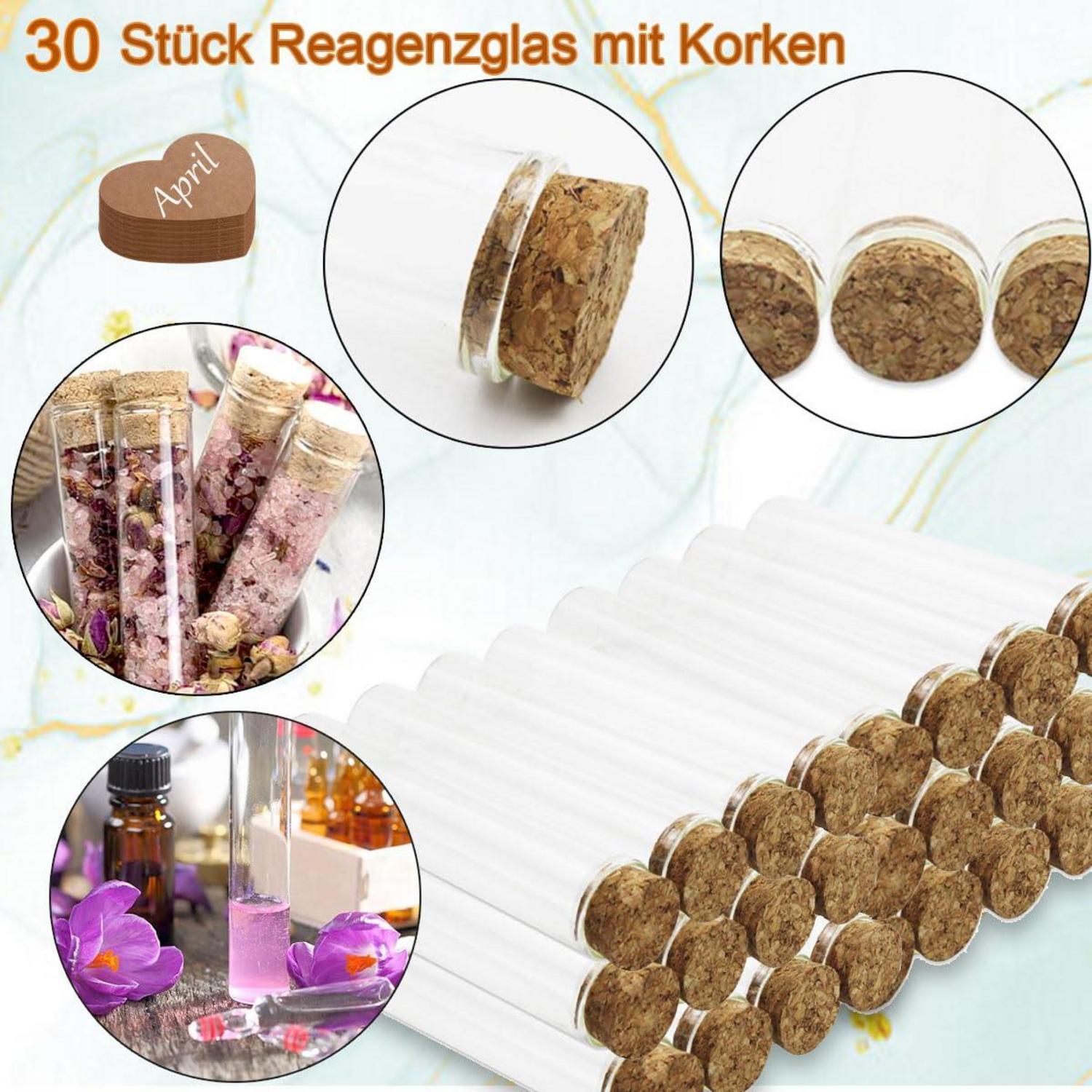 30er Set Transparente Reagenzgläser mit Korken und Etiketten