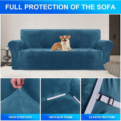 Samt Sofaüberzug 3-Sitzer, Rutschfest & Pflegleicht, Pfau Blau