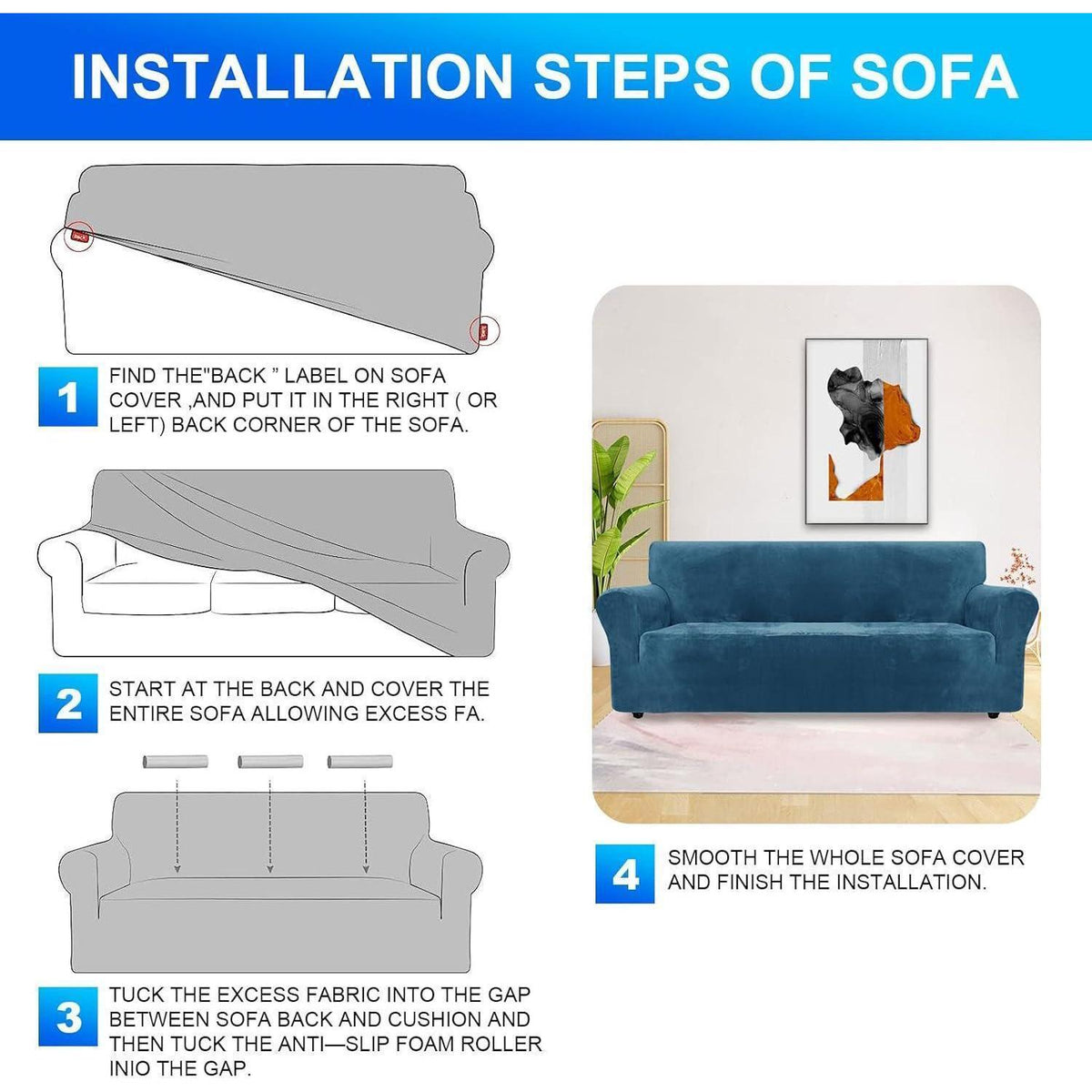 Samt Sofaüberzug 3-Sitzer, Rutschfest & Pflegleicht, Pfau Blau