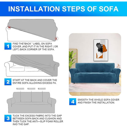 Samt Sofaüberzug 3-Sitzer, Rutschfest & Pflegleicht, Pfau Blau
