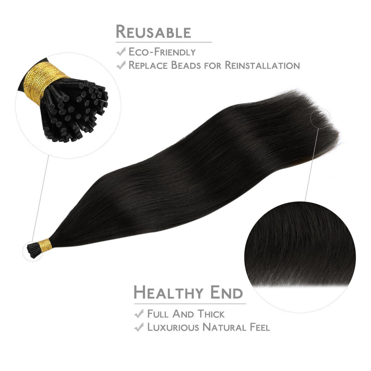 Echthaar I Tip Extensions – Natürliches Schwarz, 60cm