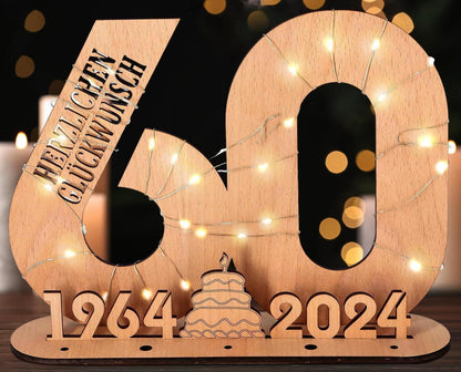 Originelle 60. Geburtstag Geschenk LED Lichterkette Holz Gästebuch