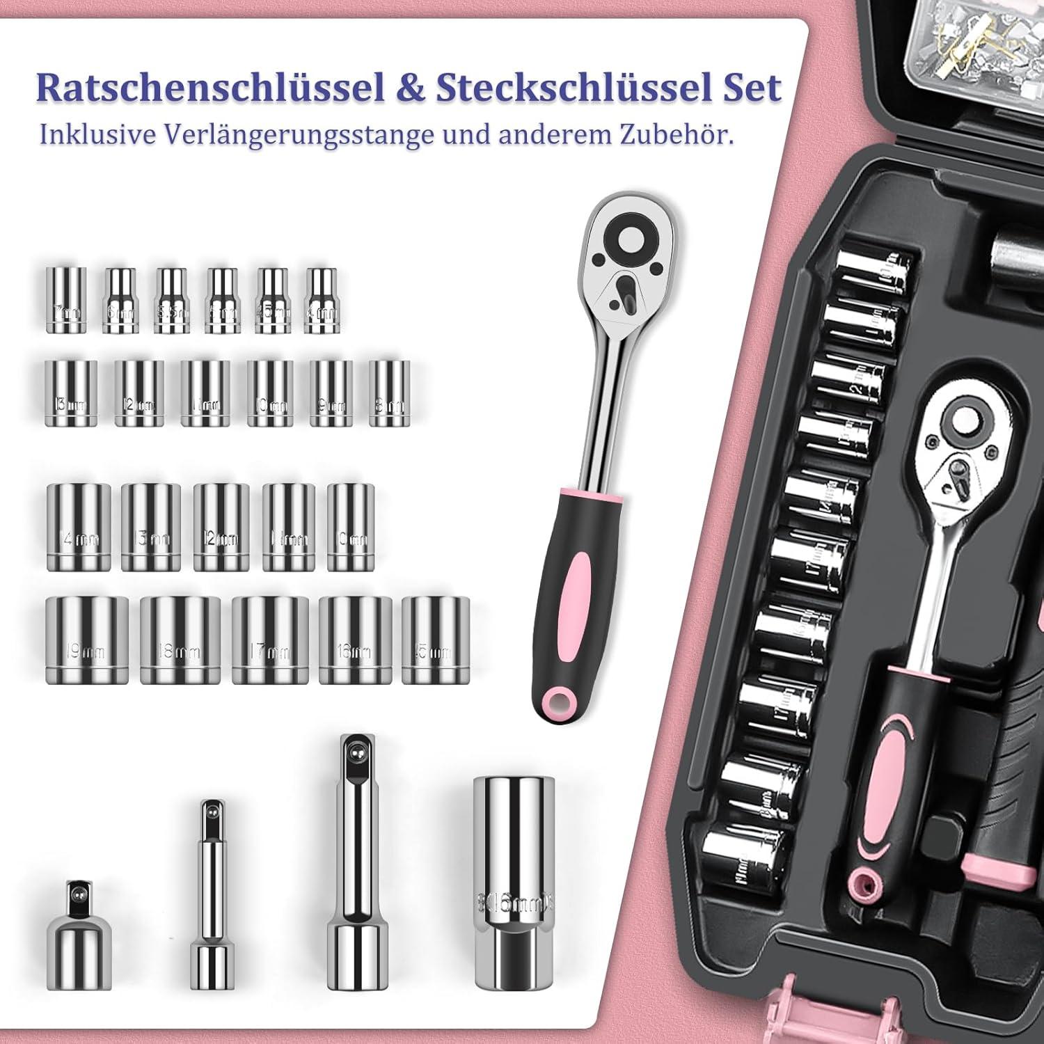 Sundpey Werkzeugkoffer 281tlg gefüllt - tragbarer Komplett Werkzeug Sets mit Steckschlüsselset Schraubendreherset Zangen Werkzeugkasten Rosa