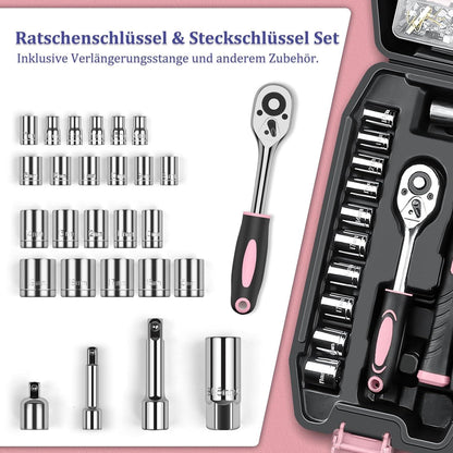 Sundpey Werkzeugkoffer 281tlg gefüllt - tragbarer Komplett Werkzeug Sets mit Steckschlüsselset Schraubendreherset Zangen Werkzeugkasten Rosa