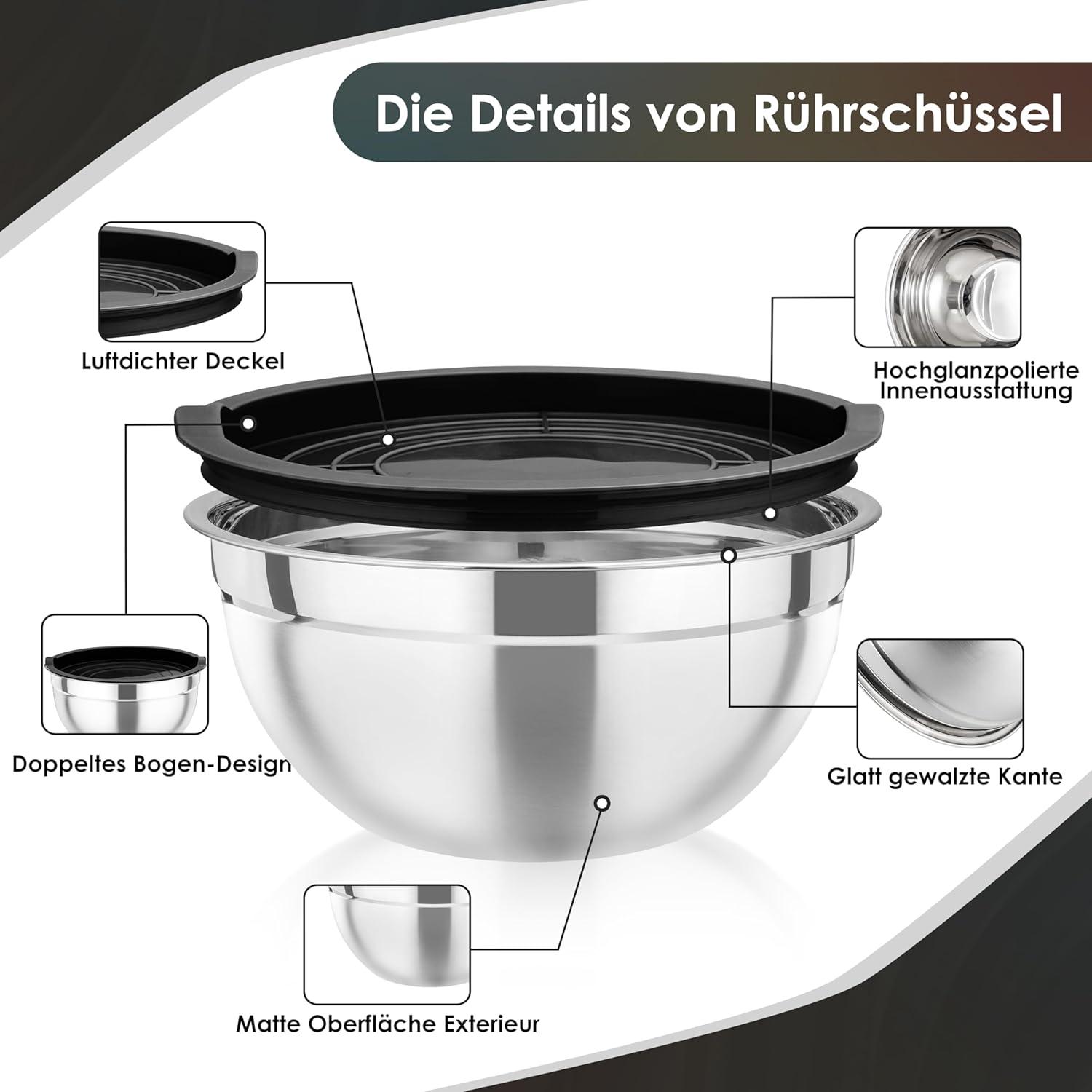 Edelstahl Rührschüssel Set mit Luftdicht Deckel, Schwarz, 4er Pack