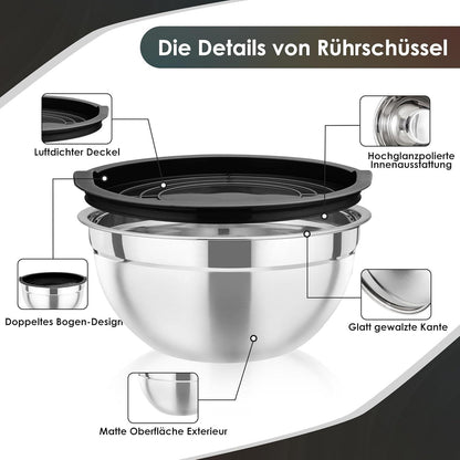 Edelstahl Rührschüssel Set mit Luftdicht Deckel, Schwarz, 4er Pack