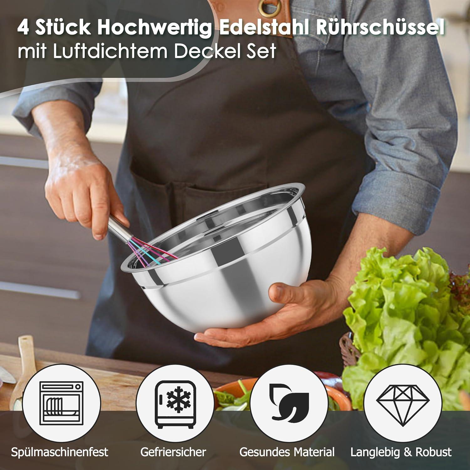 TEAMFAR Edelstahl Rührschüssel Set mit luftdichtem Deckel, Schwarz, 4,5/3/1,5/1,2L