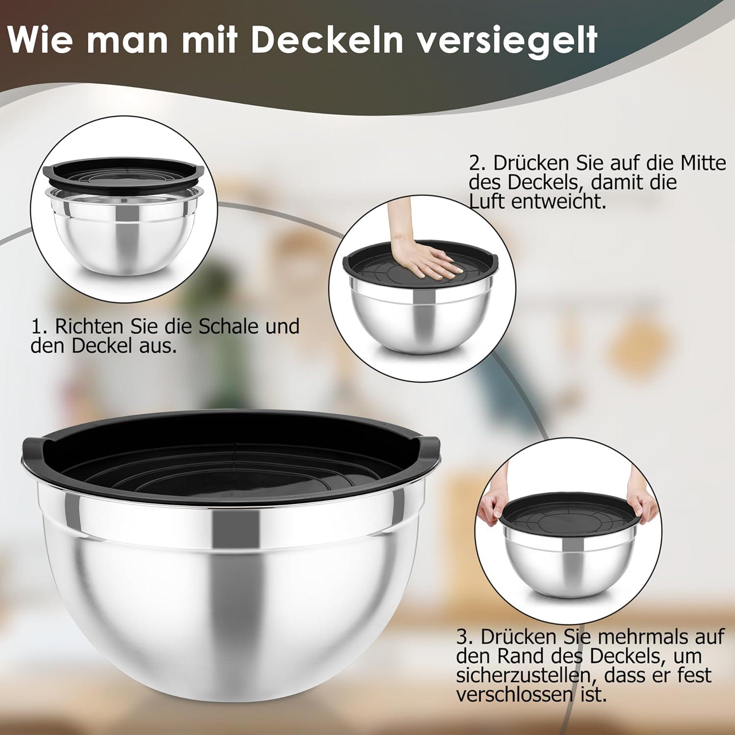 4tlg Edelstahl Rührschüssel Set mit Luftdicht Deckel, Schwarz