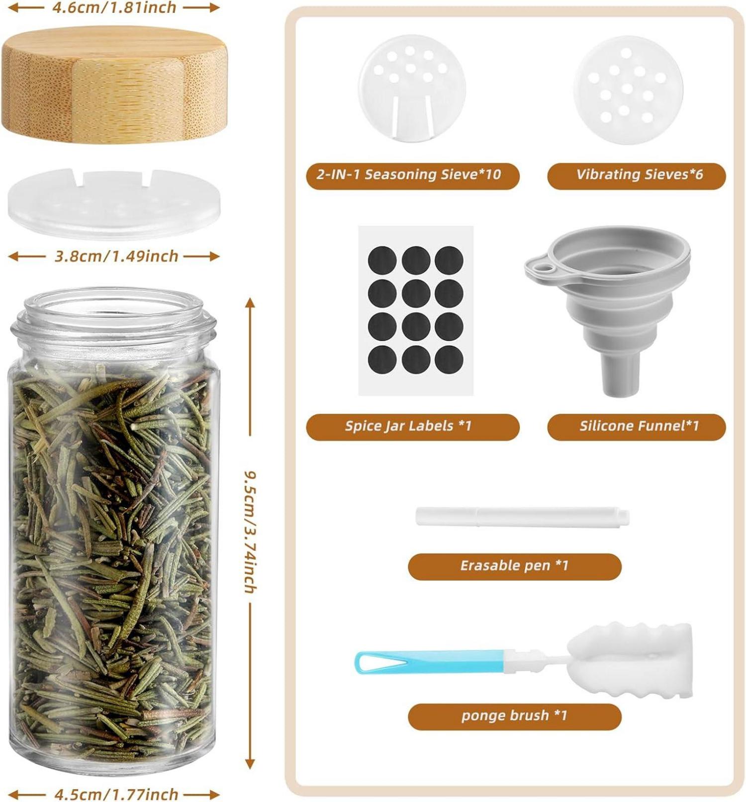 12er Set Gewürzgläser Rund 100 ML mit Streueinsatz, Etiketten, Trichter
