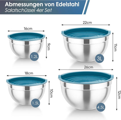 Edelstahl Rührschüssel Set mit Deckel, Salatschüssel 4er