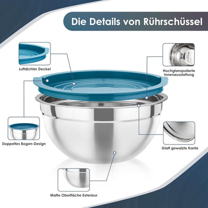 Edelstahl Rührschüssel Set mit Deckel, 4er Salatschüssel