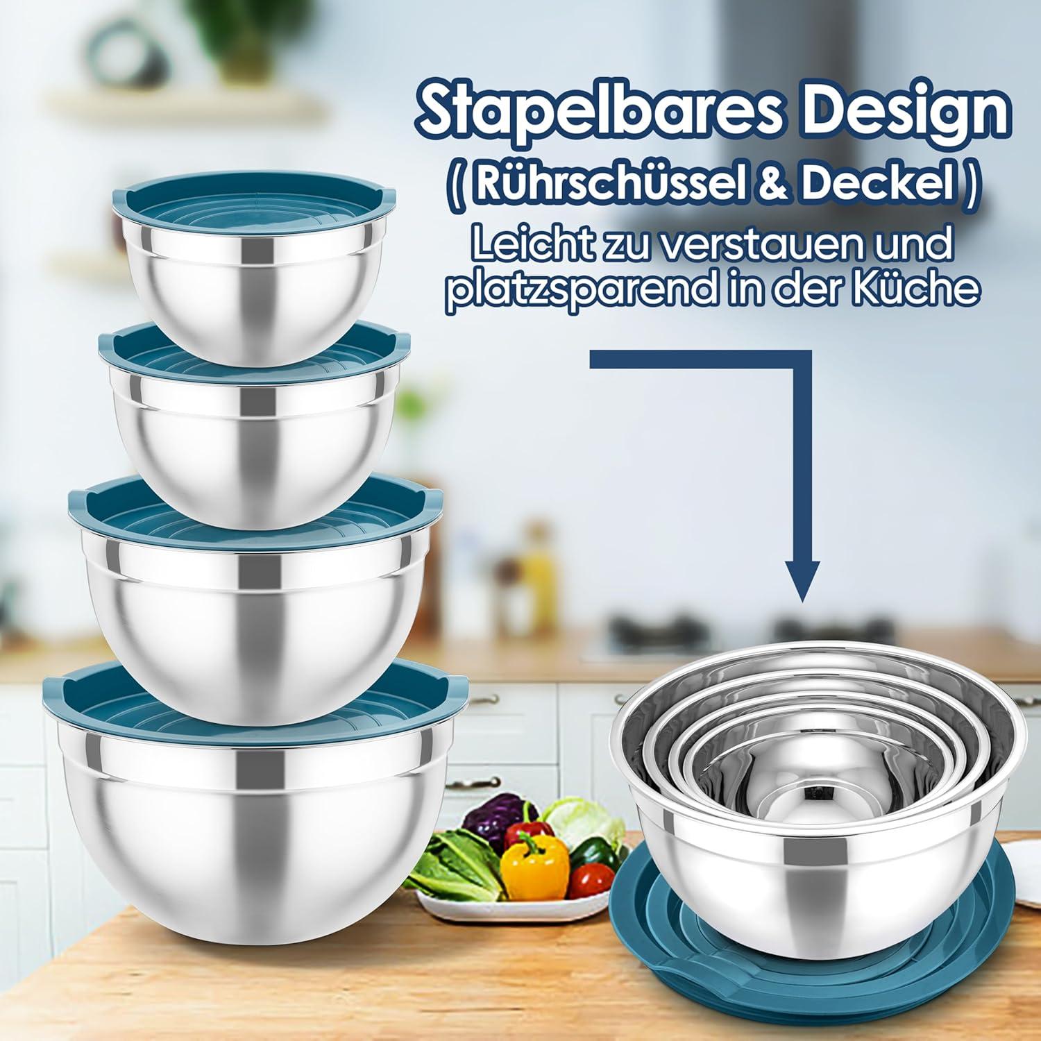 Edelstahl Rührschüssel Set 4er 4,5/3/1,5/1,2L Salatschüssel Blau