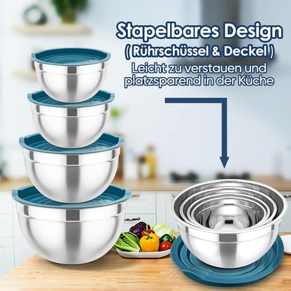 Edelstahl Rührschüssel Set 4er 4,5/3/1,5/1,2L Salatschüssel Blau