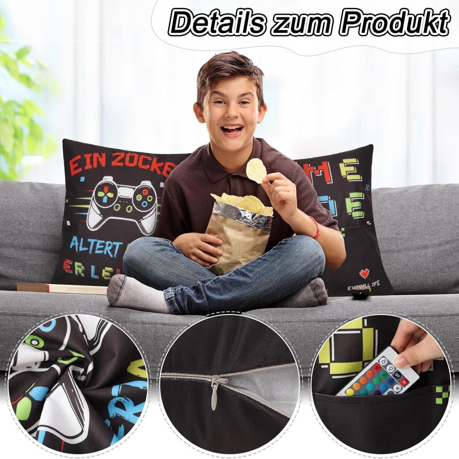 Lustiges Gamer Dekokissen 45x45cm mit 3 Taschen & Spruch - Zocker