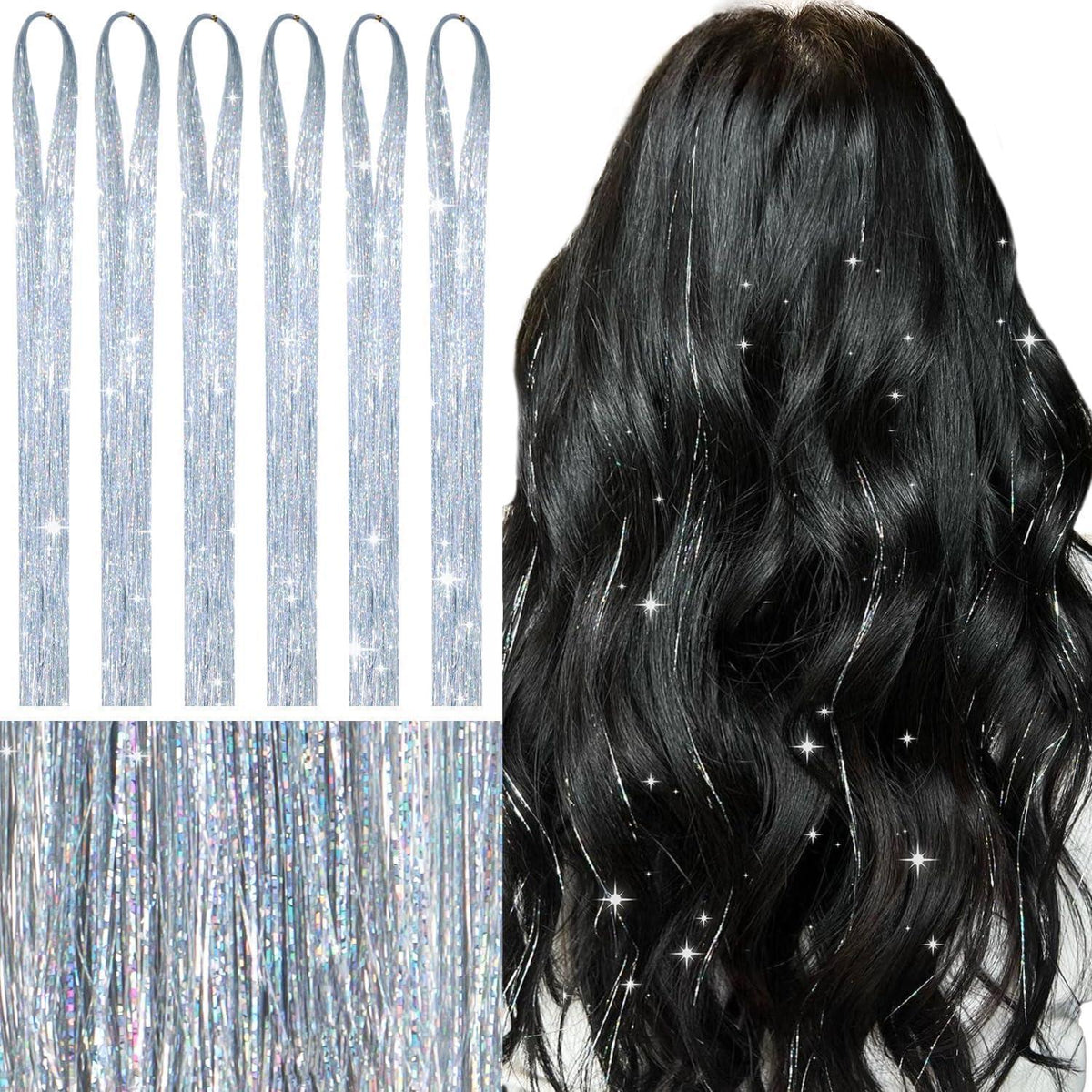 Silbernes Haar Lametta Set – 1200 Strähnen Glitzer Haarverlängerung