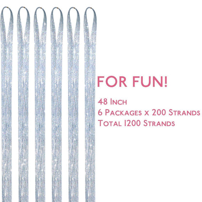 Silbernes Haar Lametta Set – 1200 Strähnen Glitzer Haarverlängerung
