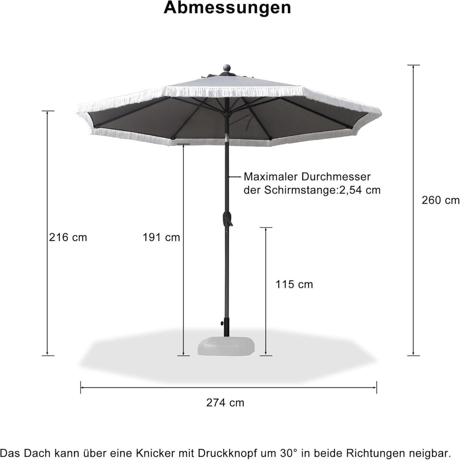Sonnenschirm 270cm Rund Fransen Kurbel UV-Schutz 50+ wasserabweisend Grau