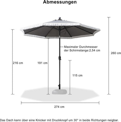 Sonnenschirm 270cm Rund Fransen Kurbel UV-Schutz 50+ wasserabweisend Grau