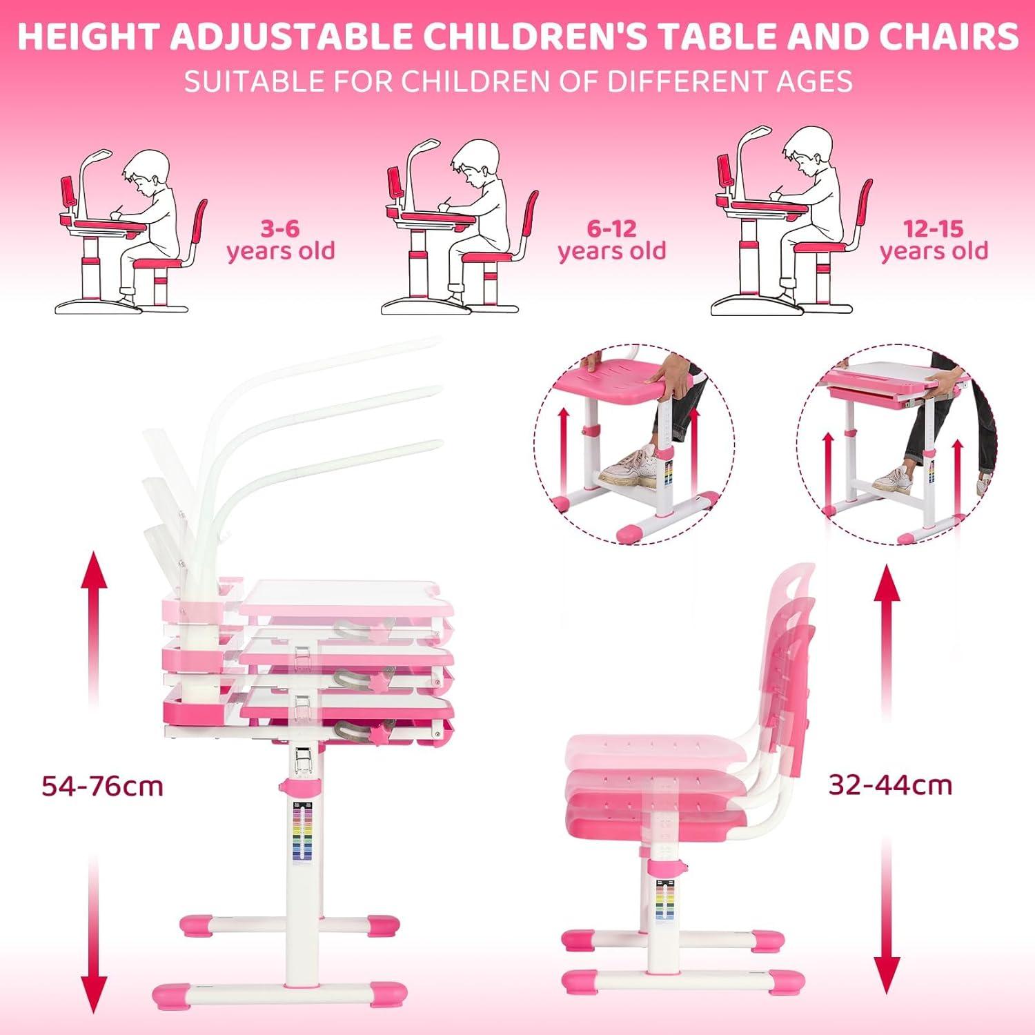 Kinder Schreibtisch und Stuhl Set Rosa höhenverstellbar Lampe Leseständer