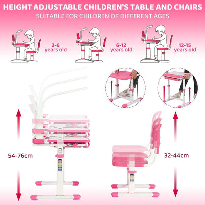 Kinder Schreibtisch und Stuhl Set Rosa höhenverstellbar Lampe Leseständer
