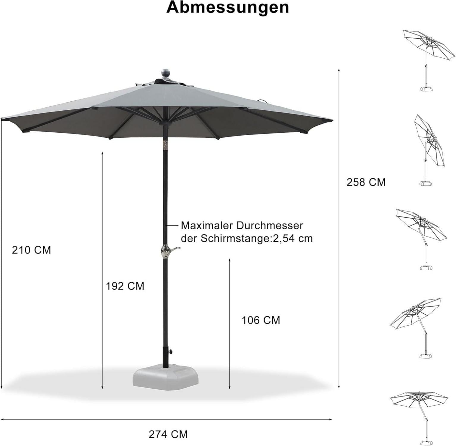 PURPLE LEAF Sonnenschirm 270 cm Rund, Aluminium Gartenschirm, UV-Schutz, Grau