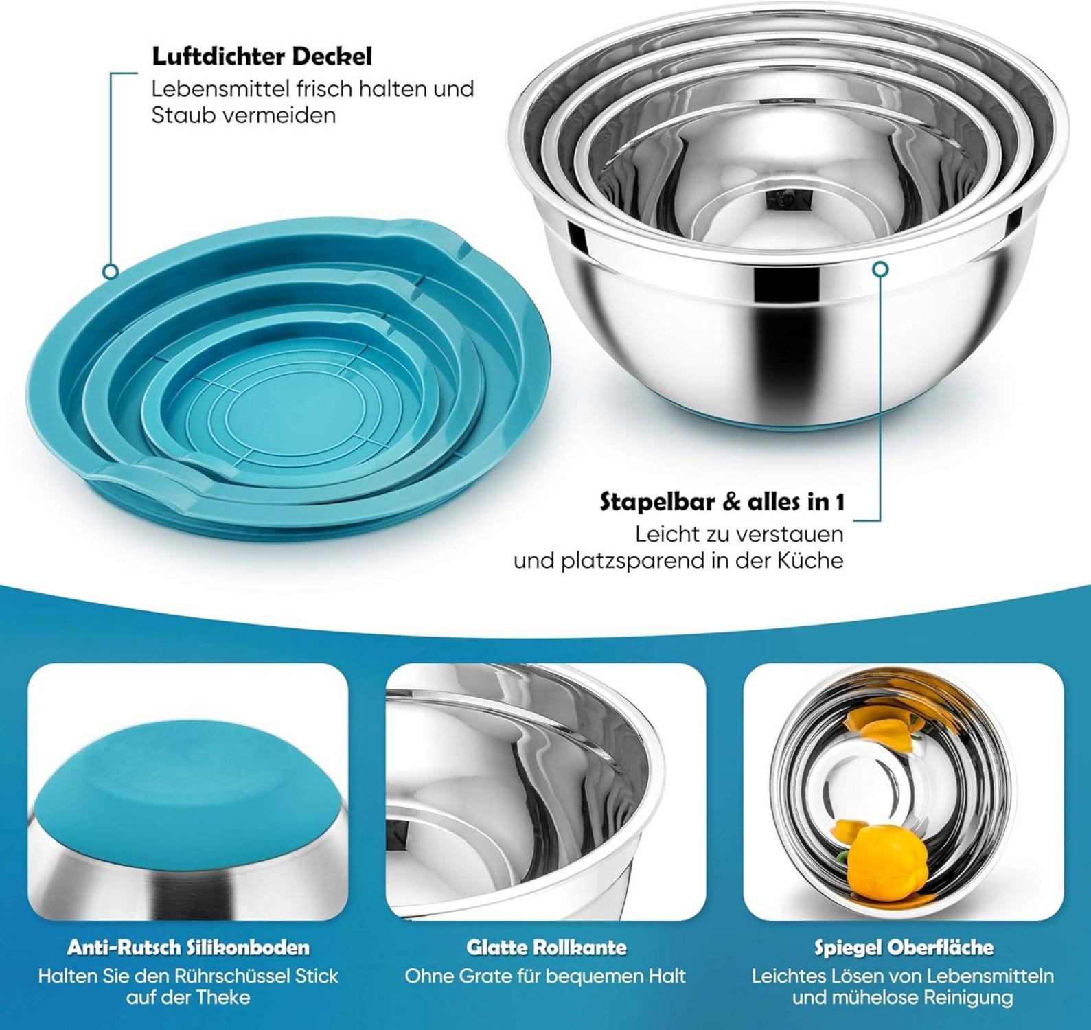 Edelstahl Rührschüssel Set mit Silikonboden & Deckel, Stapelbar, 1L
