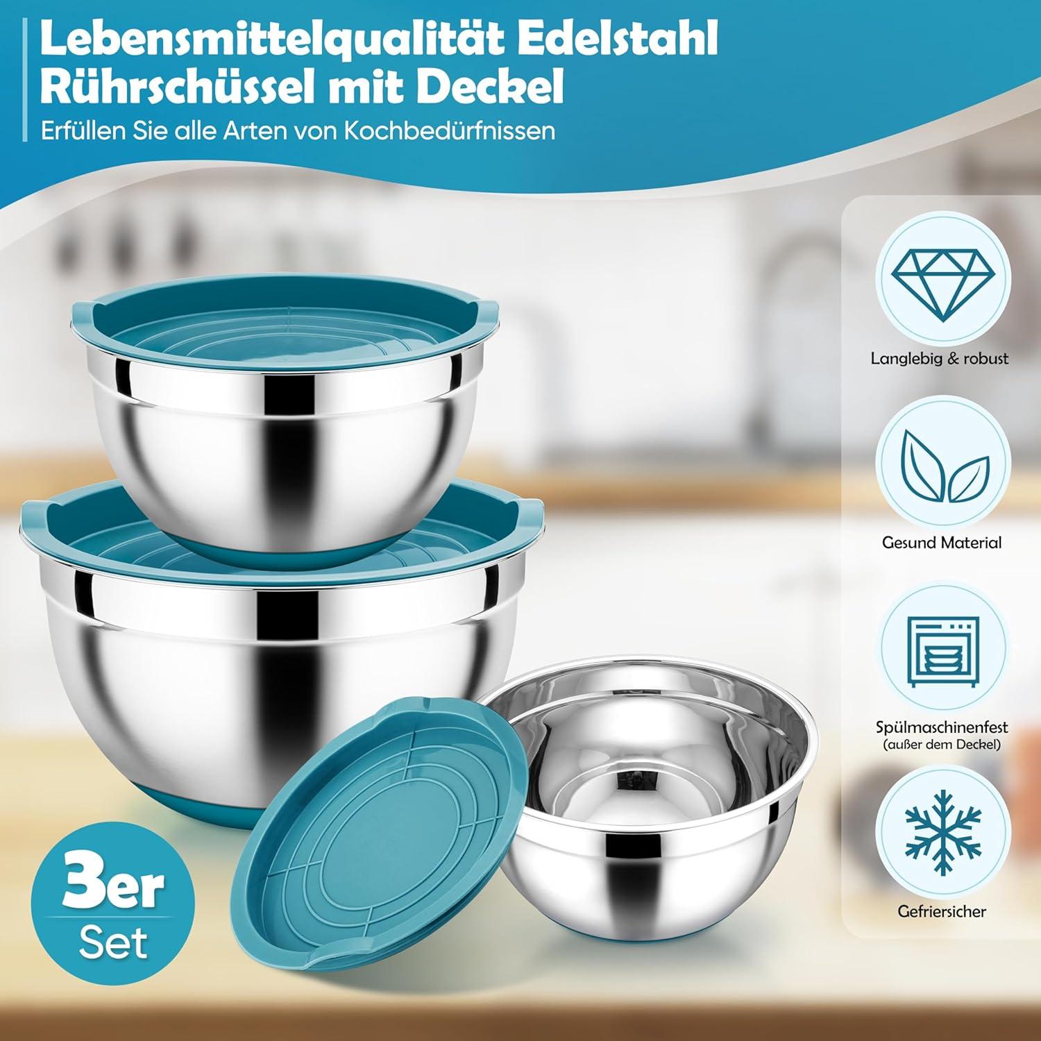 Homikit Edelstahl Rührschüssel Set mit Deckel, Silikonboden, stapelbar - 3er Pack, Blau