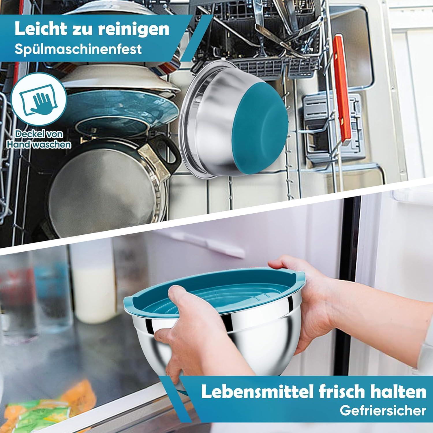 Edelstahl Rührschüssel Set 3 Stück Salatschüssel Silikonboden Deckel Küche Blau