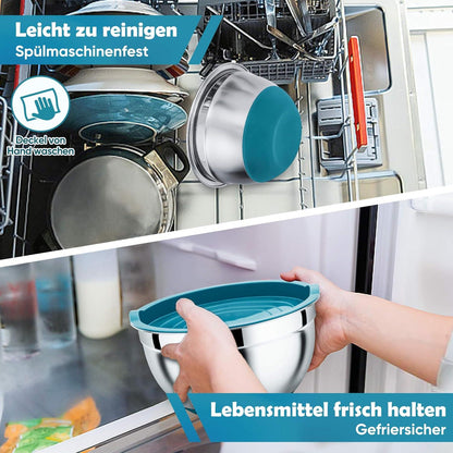 Edelstahl Rührschüssel Set 3 Stück Salatschüssel Silikonboden Deckel Küche Blau