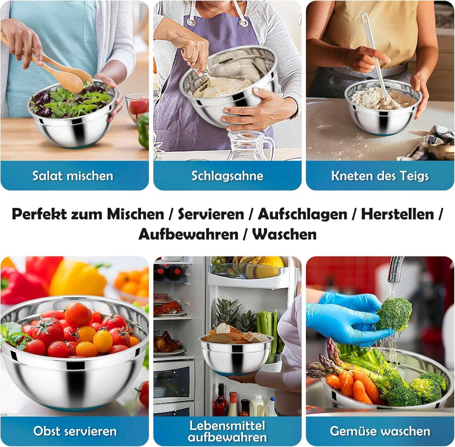 Rührschüssel Set Edelstahl Salatschüssel Deckel Silikonboden 1L 2,5L
