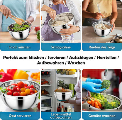 Rührschüssel Set Edelstahl Salatschüssel Deckel Silikonboden 1L 2,5L