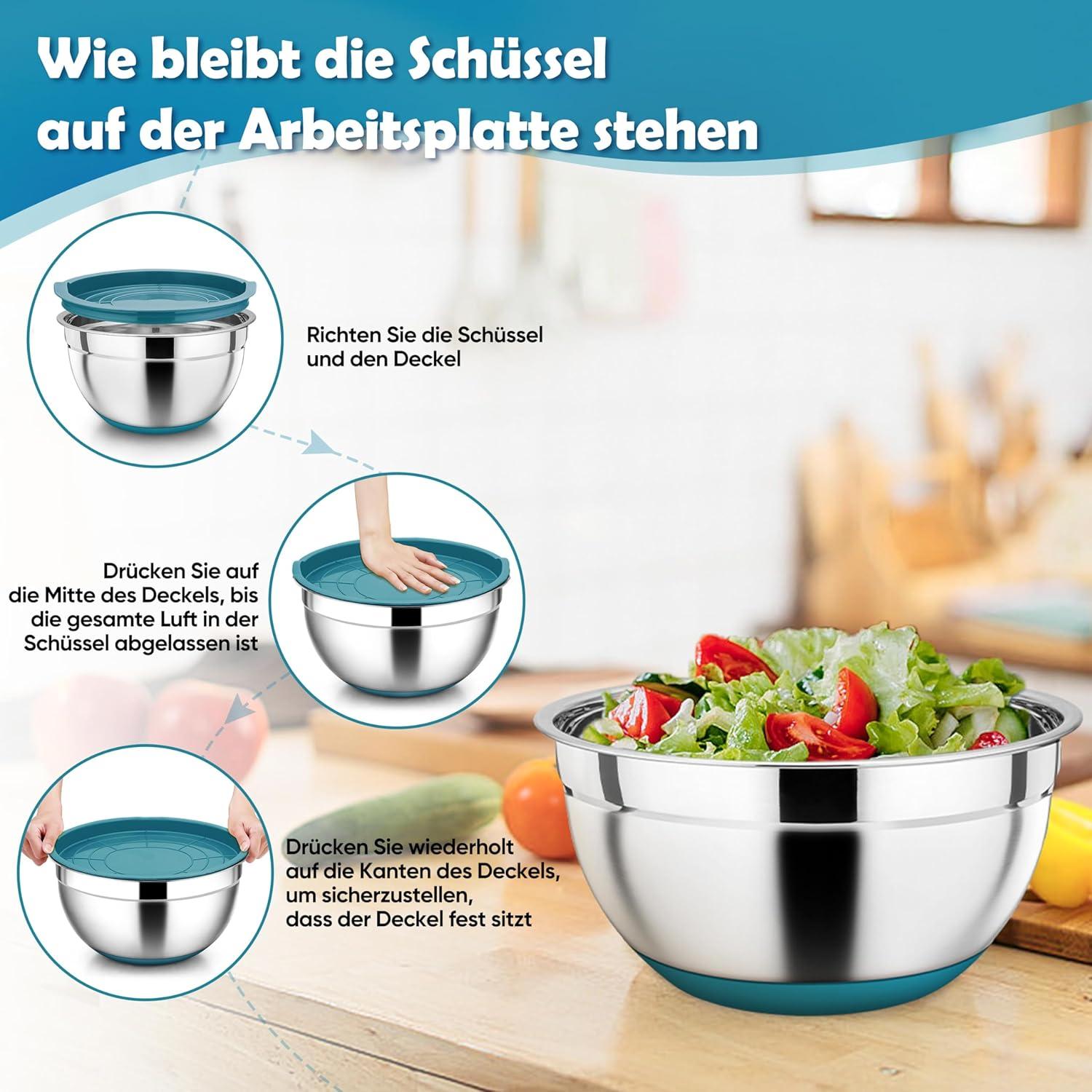 Edelstahl Rührschüssel Set 3 Stück Salatschüssel Silikonboden Deckel Küche Blau
