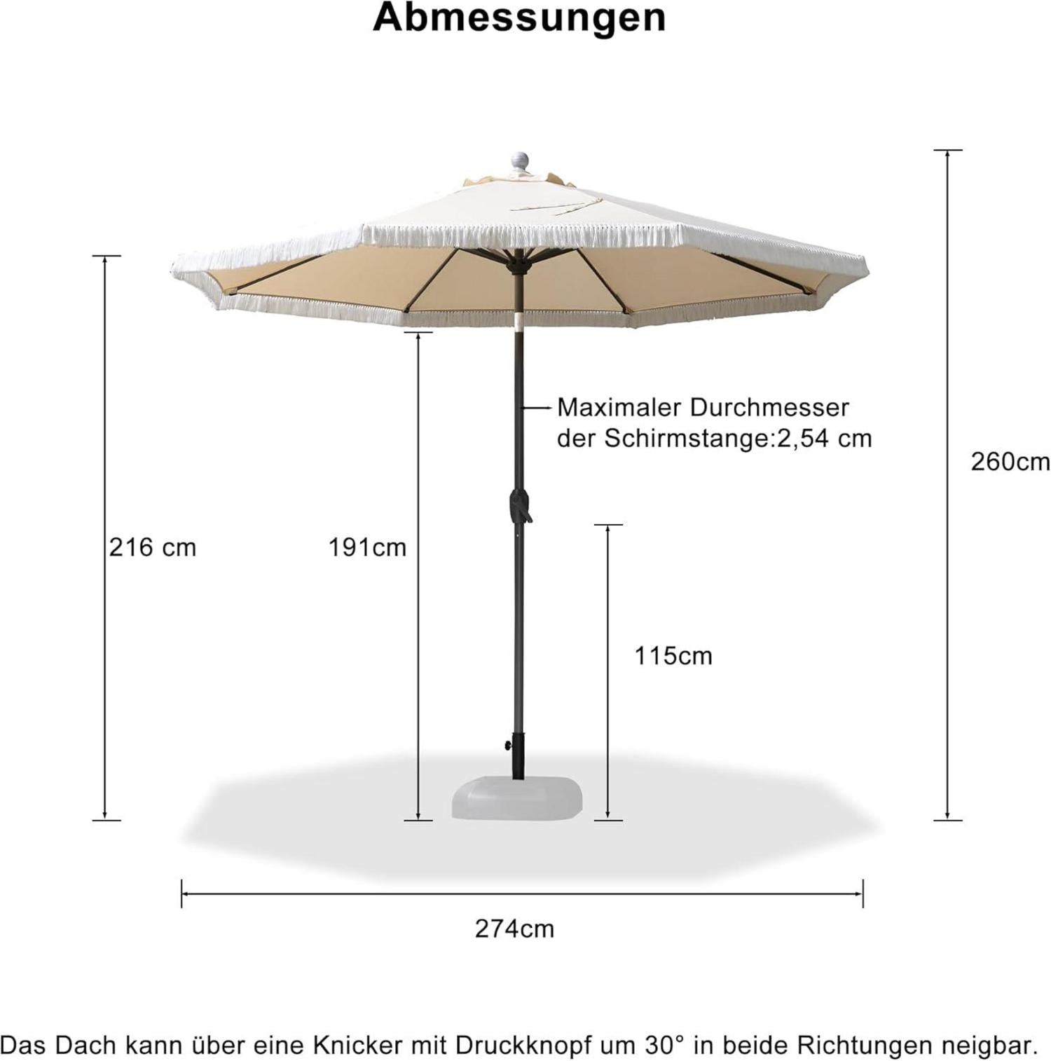Sonnenschirm 270 cm Rund mit Fransen, Kurbel, UV-Schutz