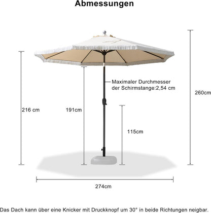 Sonnenschirm 270 cm Rund mit Fransen, Kurbel, UV-Schutz