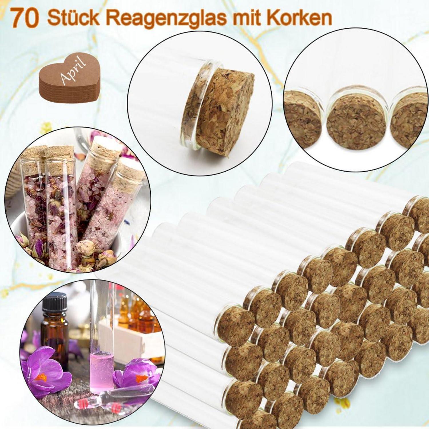 Reagenzgläser mit Korken - 70 Stück (100x16mm) für Blumen, Hochzeit, DIY, Basteln - transparentes Kunststoffmaterial