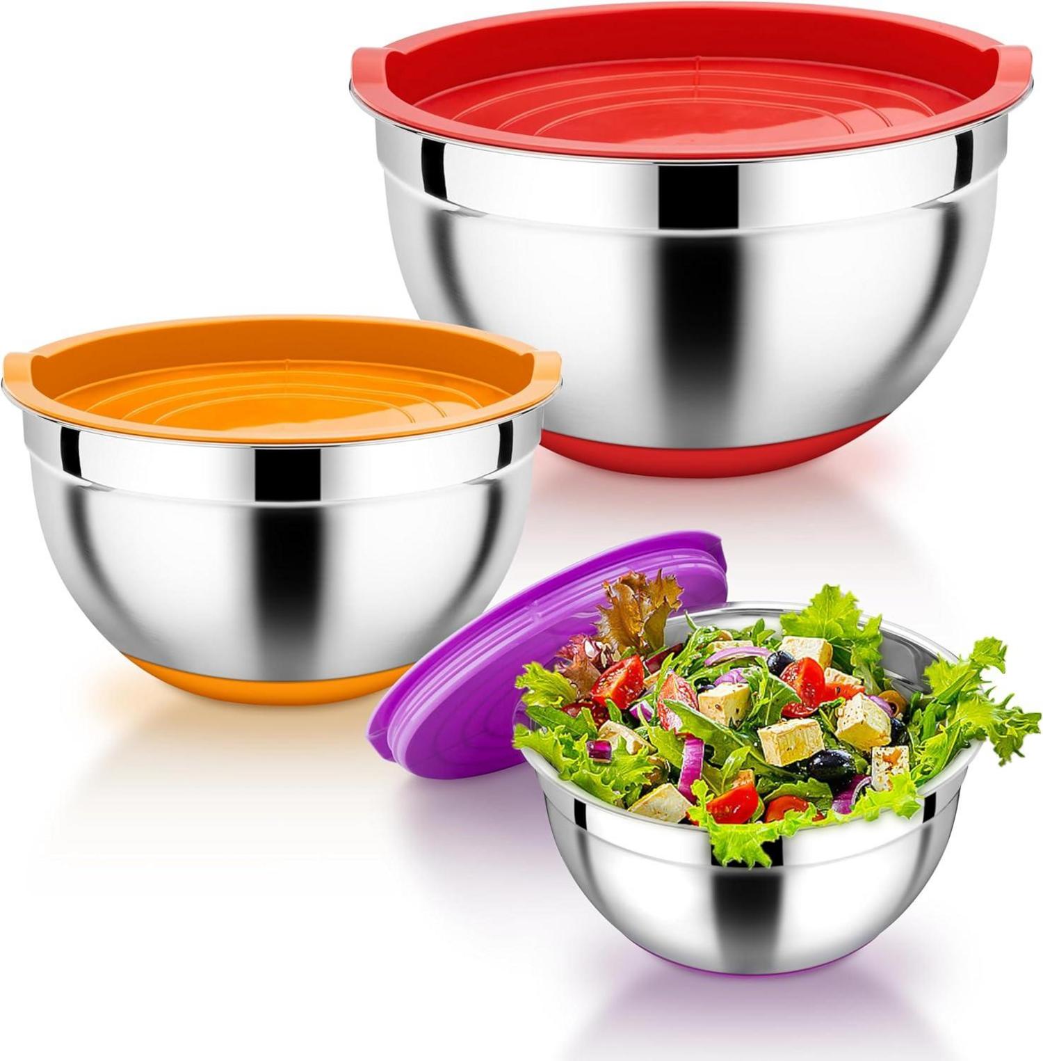 Rührschüssel Set Edelstahl Silikonboden Salatschüssel 3er 1L 2,5L 4,5L