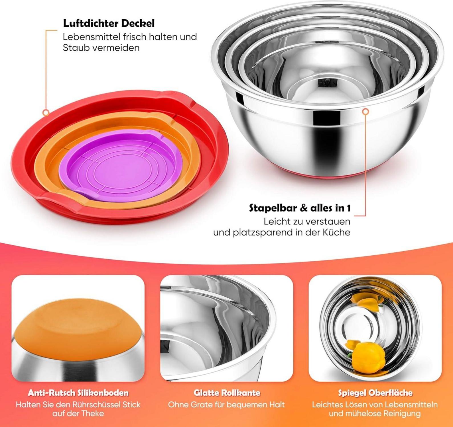 Rührschüssel Set Edelstahl Silikonboden Salatschüssel 3er 1L 2,5L 4,5L