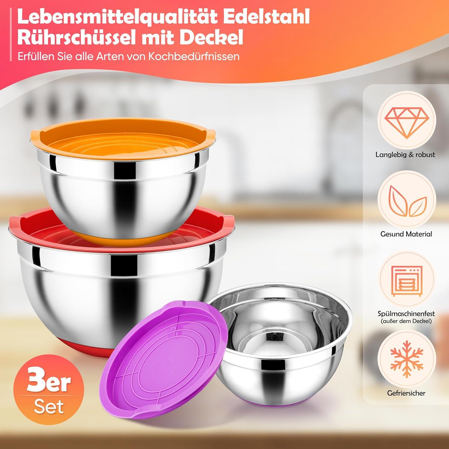 Rührschüssel Set Edelstahl mit Deckel Silikonboden 1L 2,5L 4,5L Bunt 3
