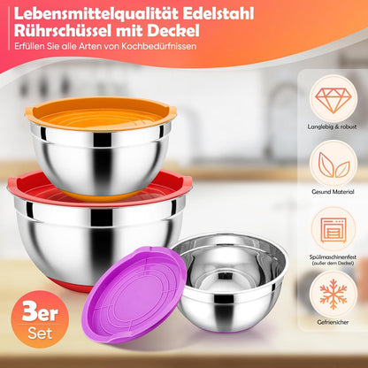Rührschüssel Set Edelstahl mit Deckel Silikonboden 1L 2,5L 4,5L Bunt 3
