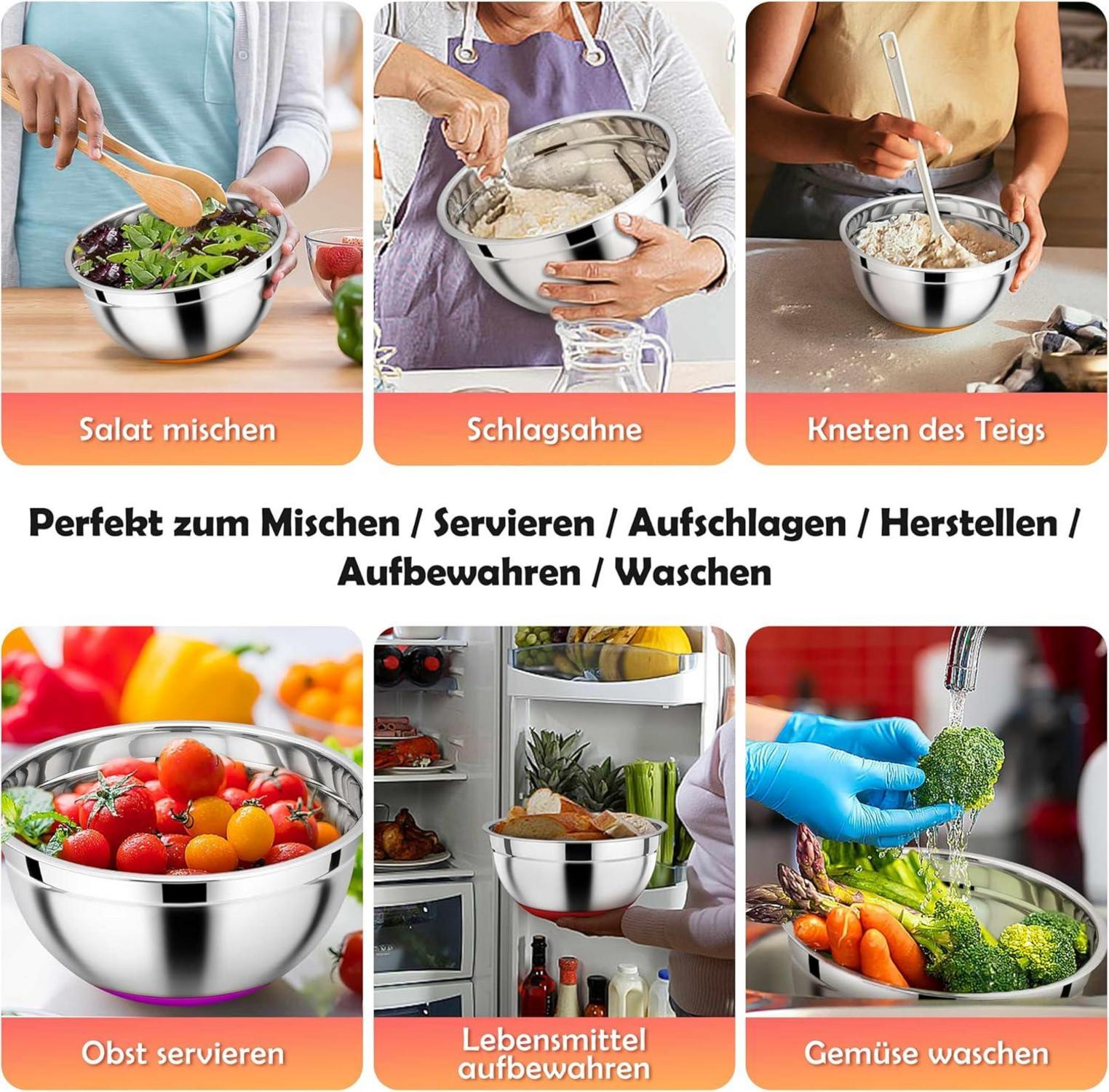 Rührschüssel Set Edelstahl Deckel Silikonboden 3er 1L 2,5L 4,5L Bunt