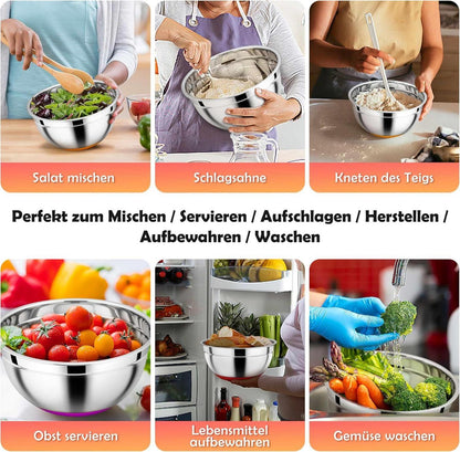 Rührschüssel Set Edelstahl Deckel Silikonboden 3er 1L 2,5L 4,5L Bunt