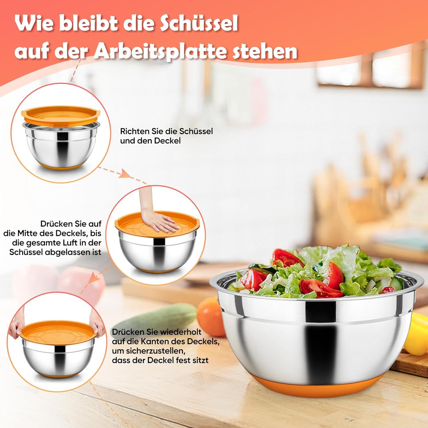 Rührschüssel Set Edelstahl mit Deckel Silikonboden 1L 2,5L 4,5L - 3er